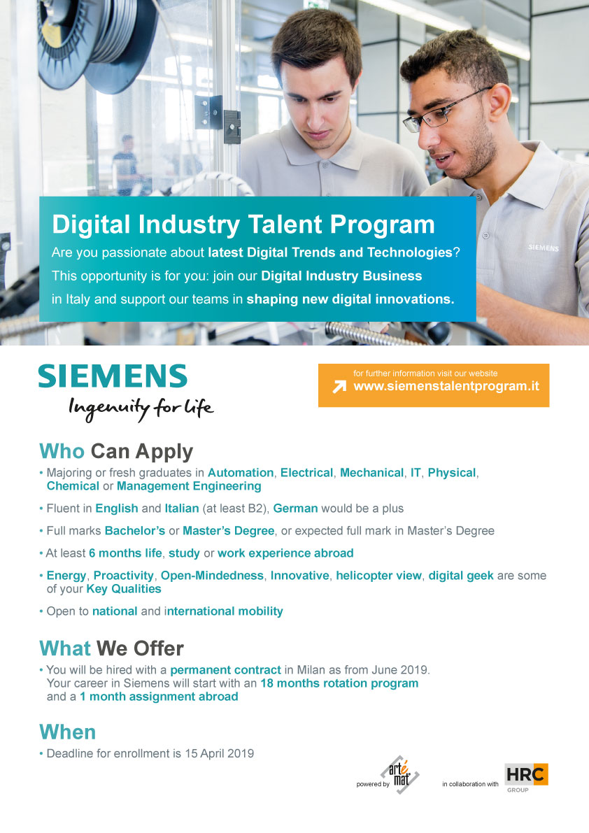 Artémat in collaborazione con HRC organizza per SIEMENS IL “DIGITAL INDUSTRY TALENT PROGRAM”